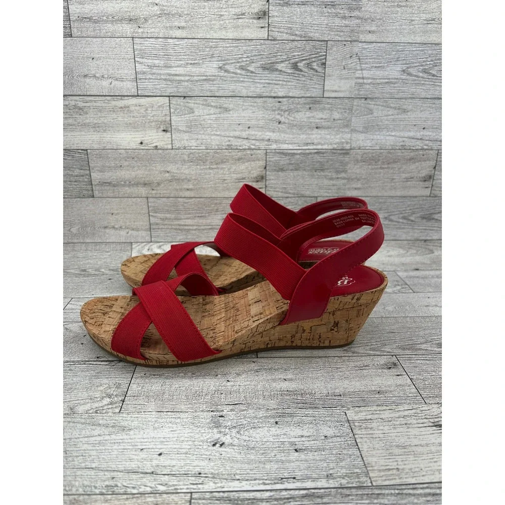 Bass Go-To Comfort Lorna Red Cork Wedge Sandals‎ Elastic Strap Women's Size 8M